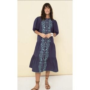 Sonmer Charlotte embroidered midi dress Size Small Drop Waist Blue Modest‎
